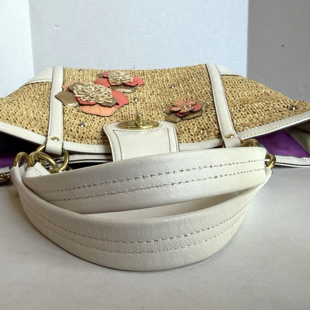 Coach Hampton Floral Applique Straw Weekend Coral White Tote Shoulder Bag 19347 - Picture 10 of 16